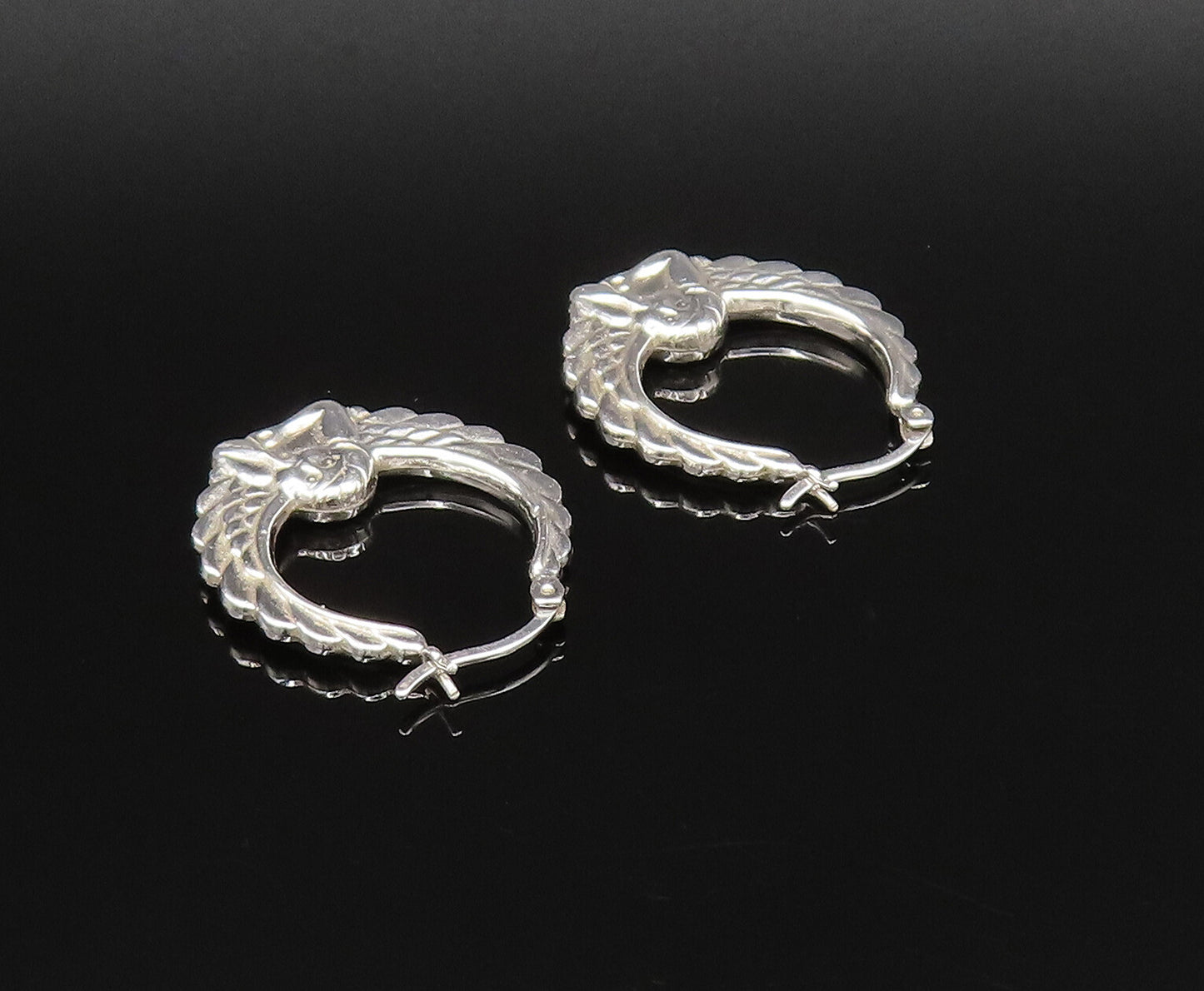 925 Silver  Vintage Polished Scalloped Angel Wings Hoop Earrings  EG12039