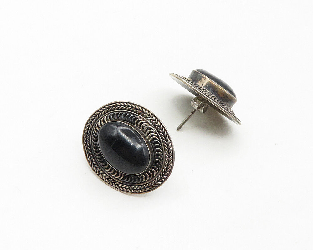 925 Sterling Silver  Vintage Cabochon Black Onyx Wheat Drop Earrings  EG8881