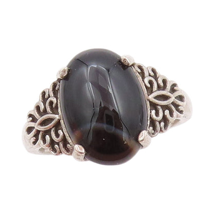 925 Sterling Silver Vintage Ring Floral Carved Cabochon Gemstone  SZ 8  RG32238