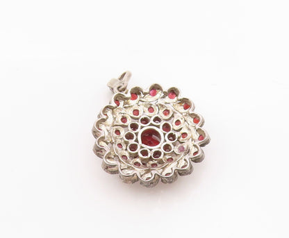 925 Sterling Silver Vintage Pendant Garnet Bohemian Floral Starburst  PT26330
