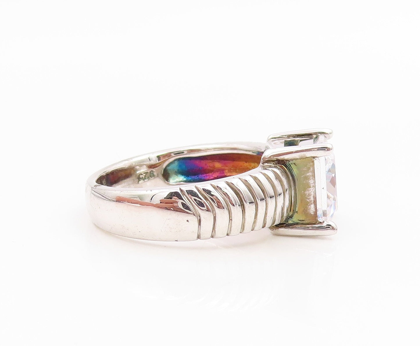 925 Sterling Silver Vintage Ring Square Cut CZ Ribbed Band  Sz 7.5  RG35630