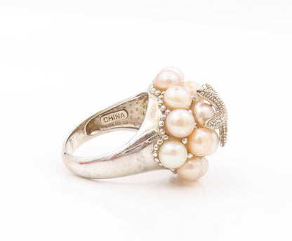 925 Sterling Silver Vintage Ring Designer Pearls Cluster Starfish  SZ 8  RG31941