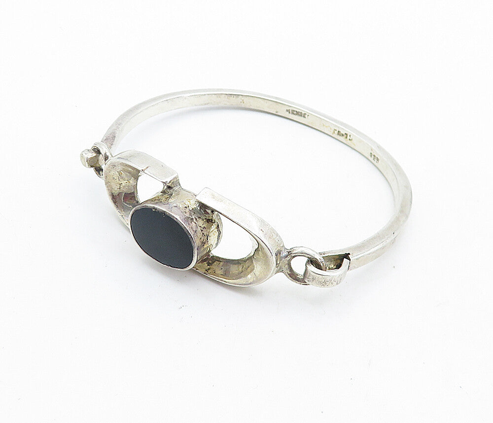 MEXICO 925 Sterling Silver  Vintage Black Onyx Hook Bangle Bracelet  BT2754