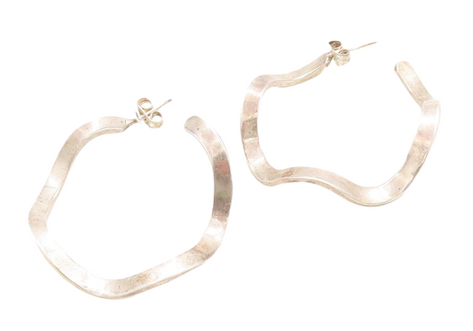 925 Sterling Silver Vintage Earrings Brutalist Wave Design Cutout Hoops  EG13304