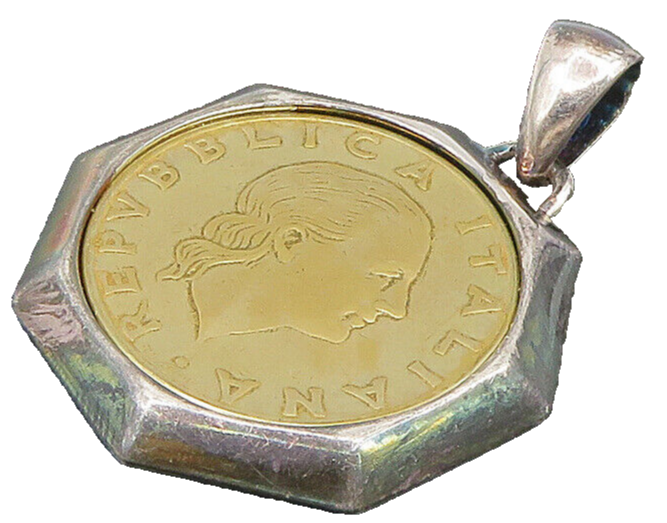 925 Sterling Silver  Vintage Shiny Repvbblica Italiana Coin Pendant  PT20024