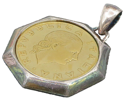925 Sterling Silver  Vintage Shiny Repvbblica Italiana Coin Pendant  PT20024