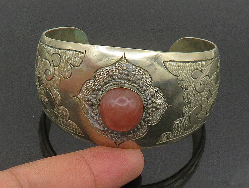 925 Sterling Silver Vintage Carnelian Beaded Swirl Wide Cuff Bracelet BT9347