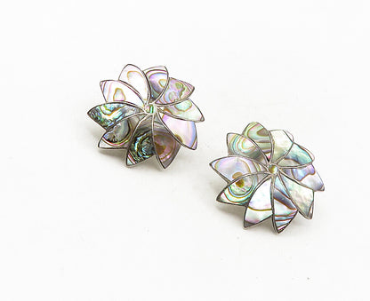 ICM MEXICO 925 Silver  Vintage Abalone Shell Floral Non Pierce Earrings EG4989