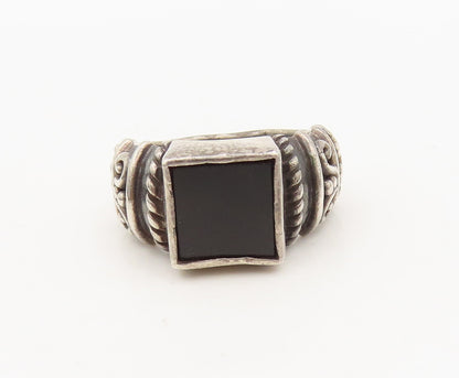 925 Sterling Silver  Vintage Rectangular Onyx Carved Shank Ring Sz 8  RG27543