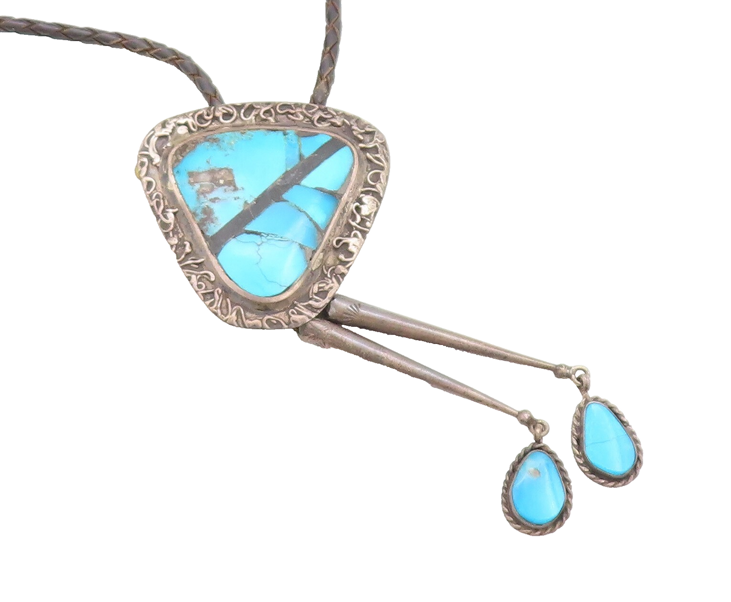 L. BURNSIDE NAVAJO 925 Silver  Vintage Turquoise Leather Rope Necklace  NE2243
