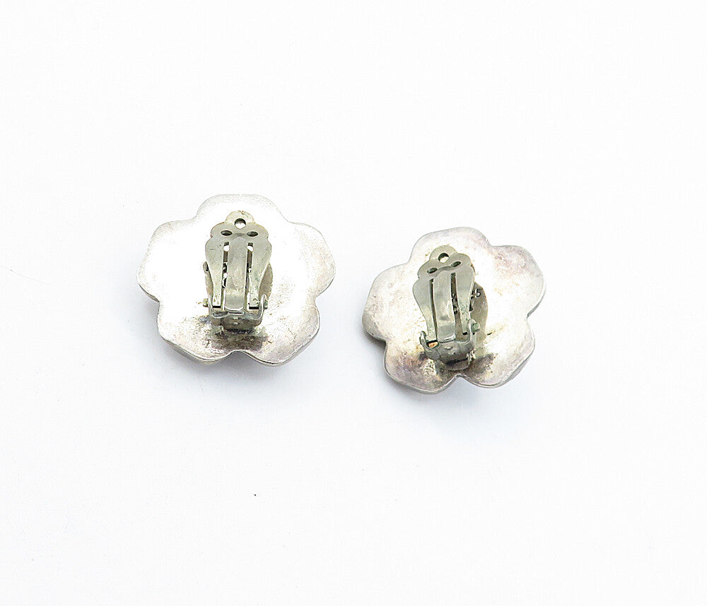 MEXICO 925 Silver  Vintage Dark Tone Flower Motif Non Pierce Earrings  EG2230