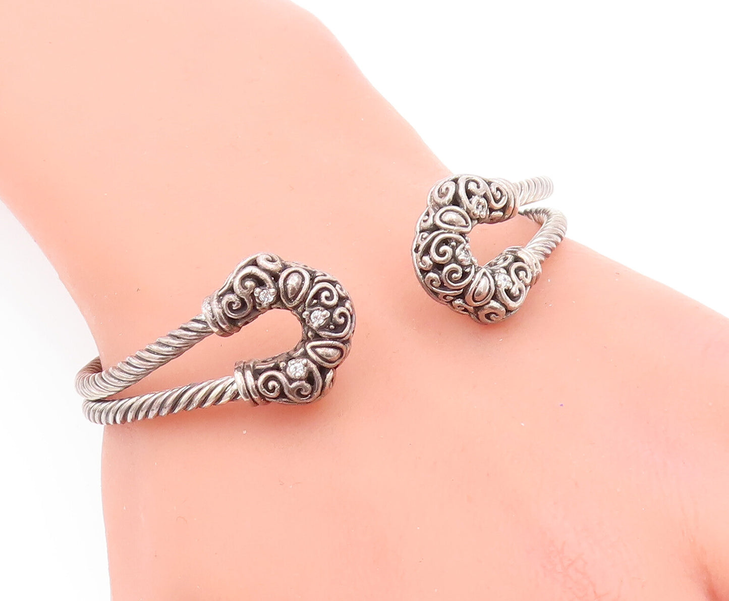 925 Sterling Silver Vintage Bracelet Diamonds Inlay Swirly Carved Cuff  BT10607