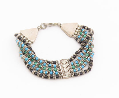 925 Sterling Silver Vintage Bracelet Multi Gemstone Beads Bohemian Chain BT11708