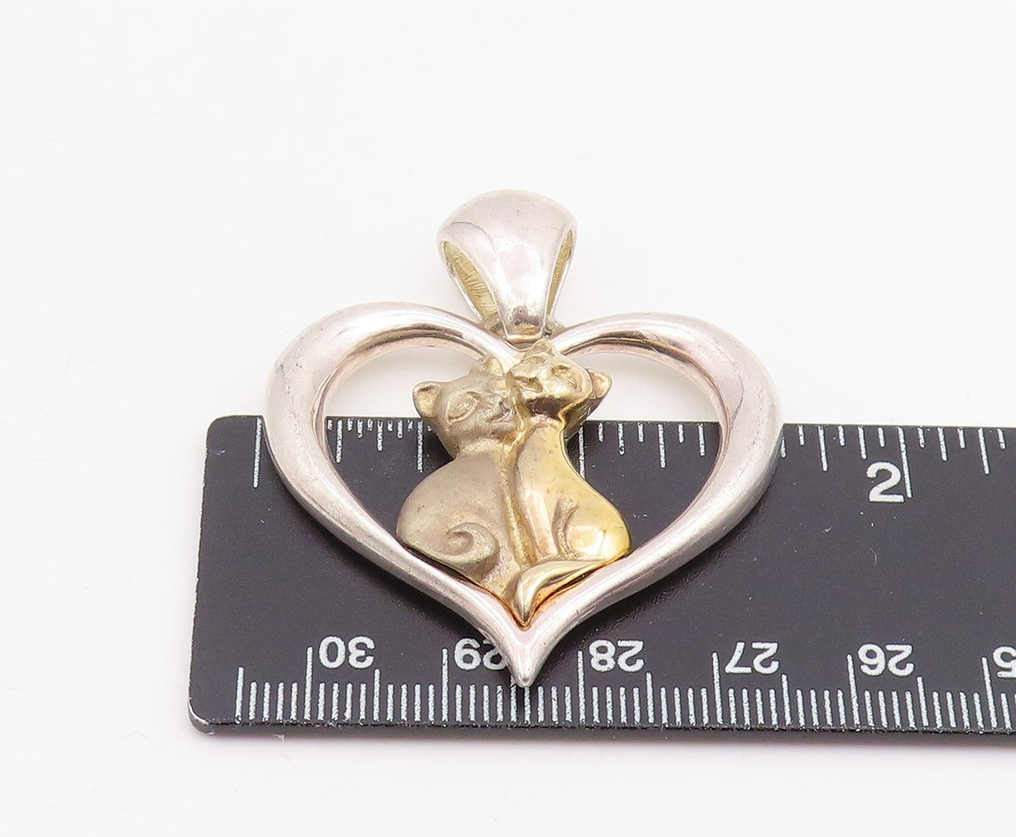 925 Sterling Silver Vintage Pendant Two Tone Cat Couple In Love Heart  PT25890