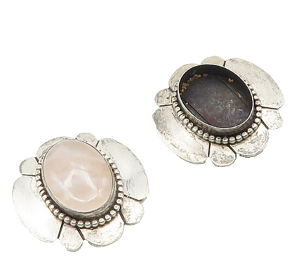 925 Silver Vintage Rose Quartz Floral Non Pierce Earrings EG9363