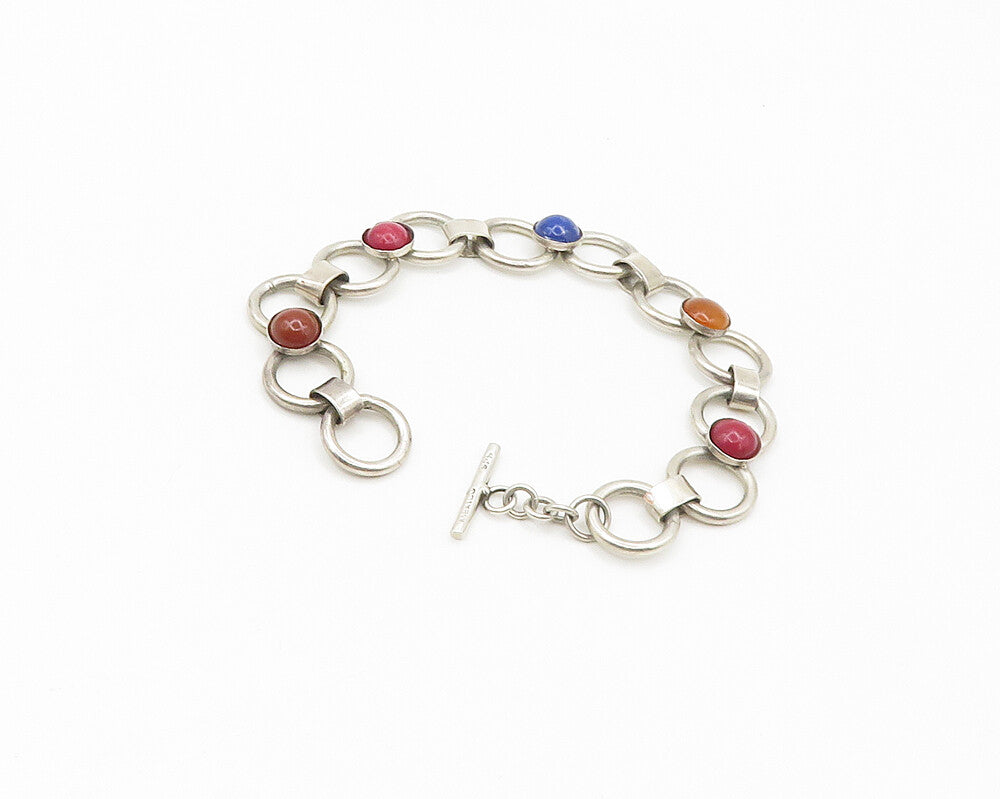 MEXICO 925 Sterling Silver Vintage Carnelian & Multi Stone Chain Bracelet BT7201