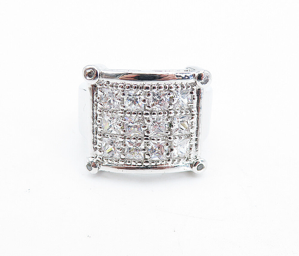 925 Sterling Silver  Cubic Zirconia Square Grid Design Band Ring Sz 9  RG5253