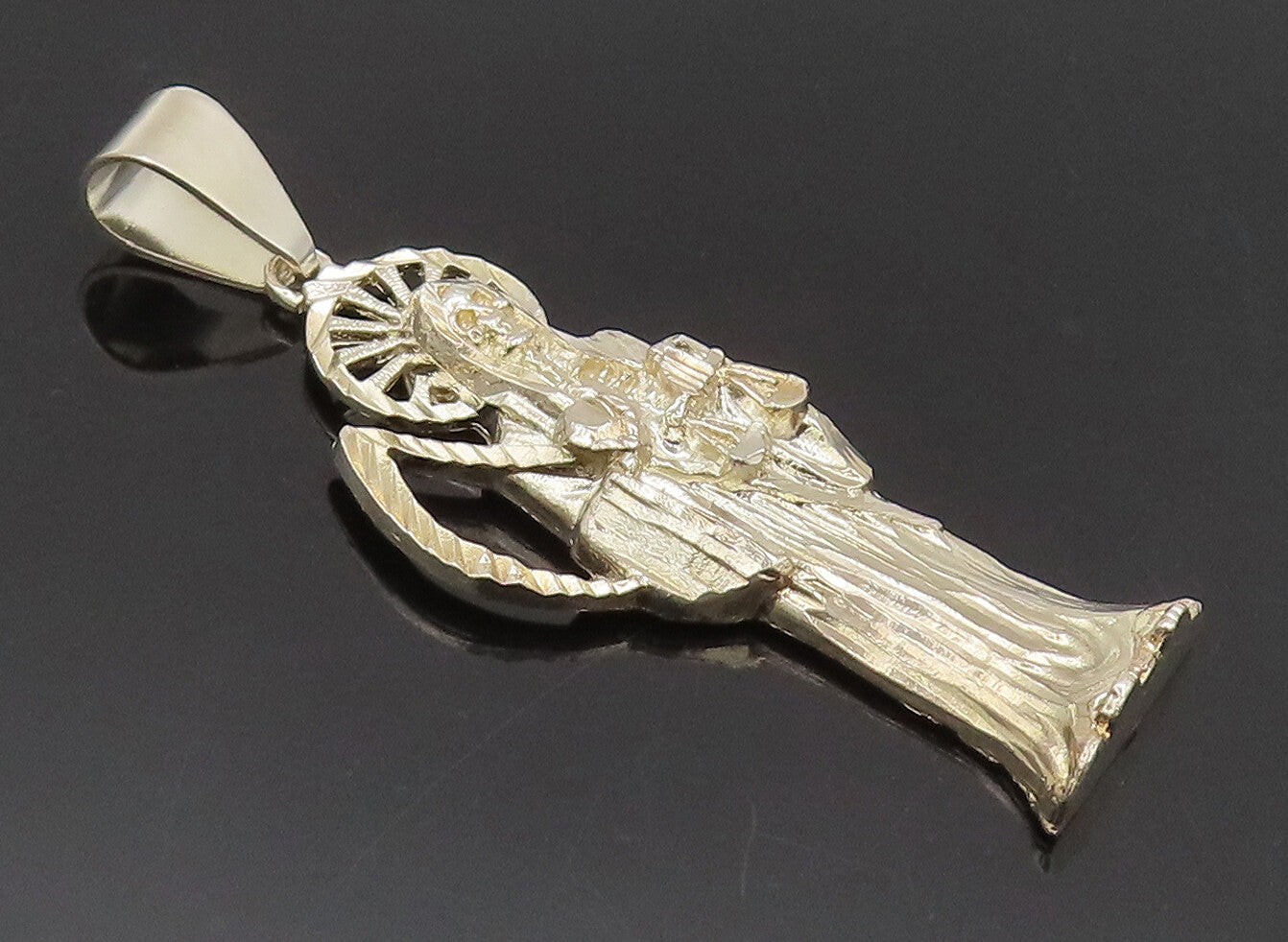 925 Sterling Silver  Vintage Carved Grim Reaper Religious Pendant  PT22364