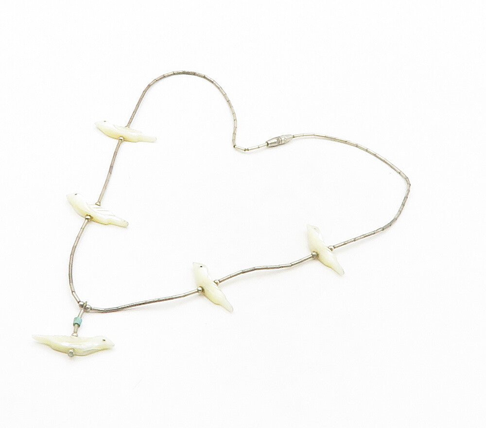 SOUTHWESTERN 925 Silver Vintage Mother Of Pearl & Turquoise Necklace NE2680
