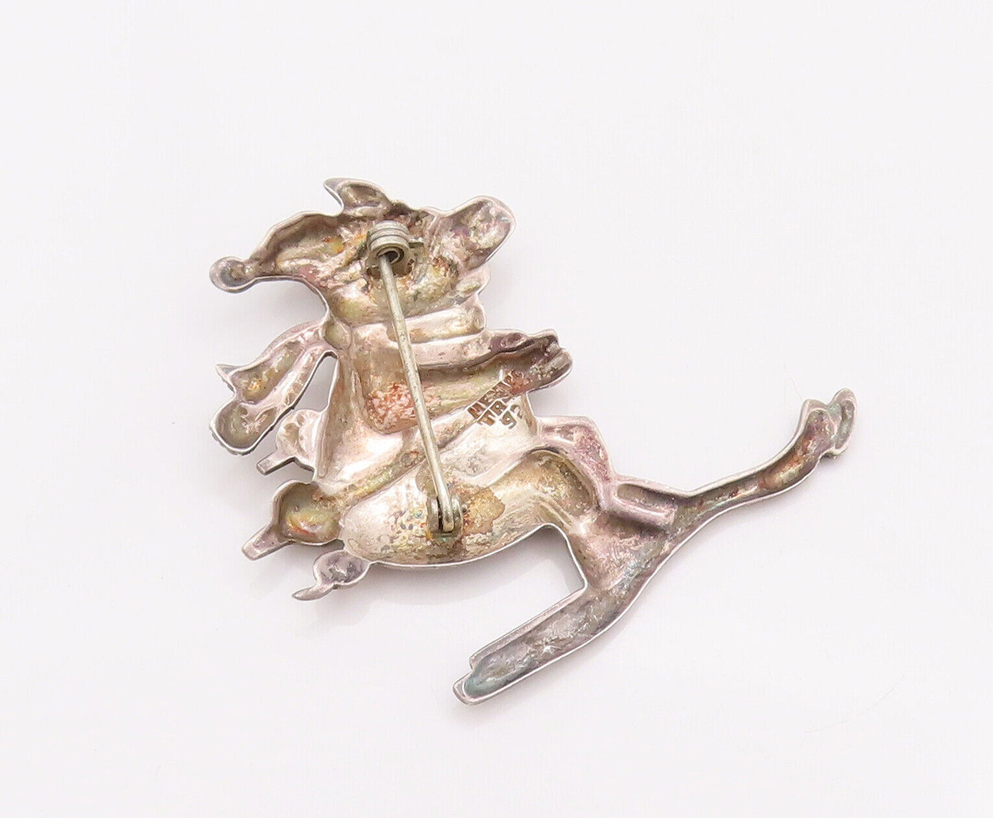 925 Sterling Silver Vintage Brooch Pin MEXICO Carved Happy Skiing Pig  BP10799