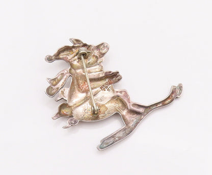 925 Sterling Silver Vintage Brooch Pin MEXICO Carved Happy Skiing Pig  BP10799