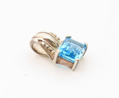 925 Sterling Silver  Vintage Fancy Square Blue Topaz Drop Pendant  PT20986