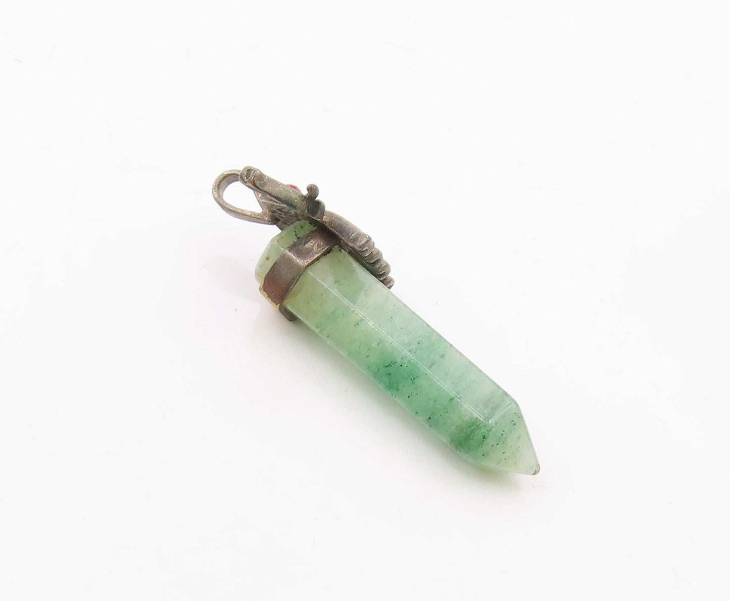 925 Sterling Silver  Vintage Jade Wand Red Topaz Elephant Eye Pendant  PT16541