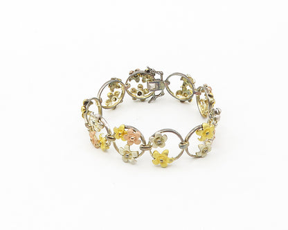 ROSS SIMON 925 Silver Vintage Three Tone Flower Motif Chain Bracelet BT6942
