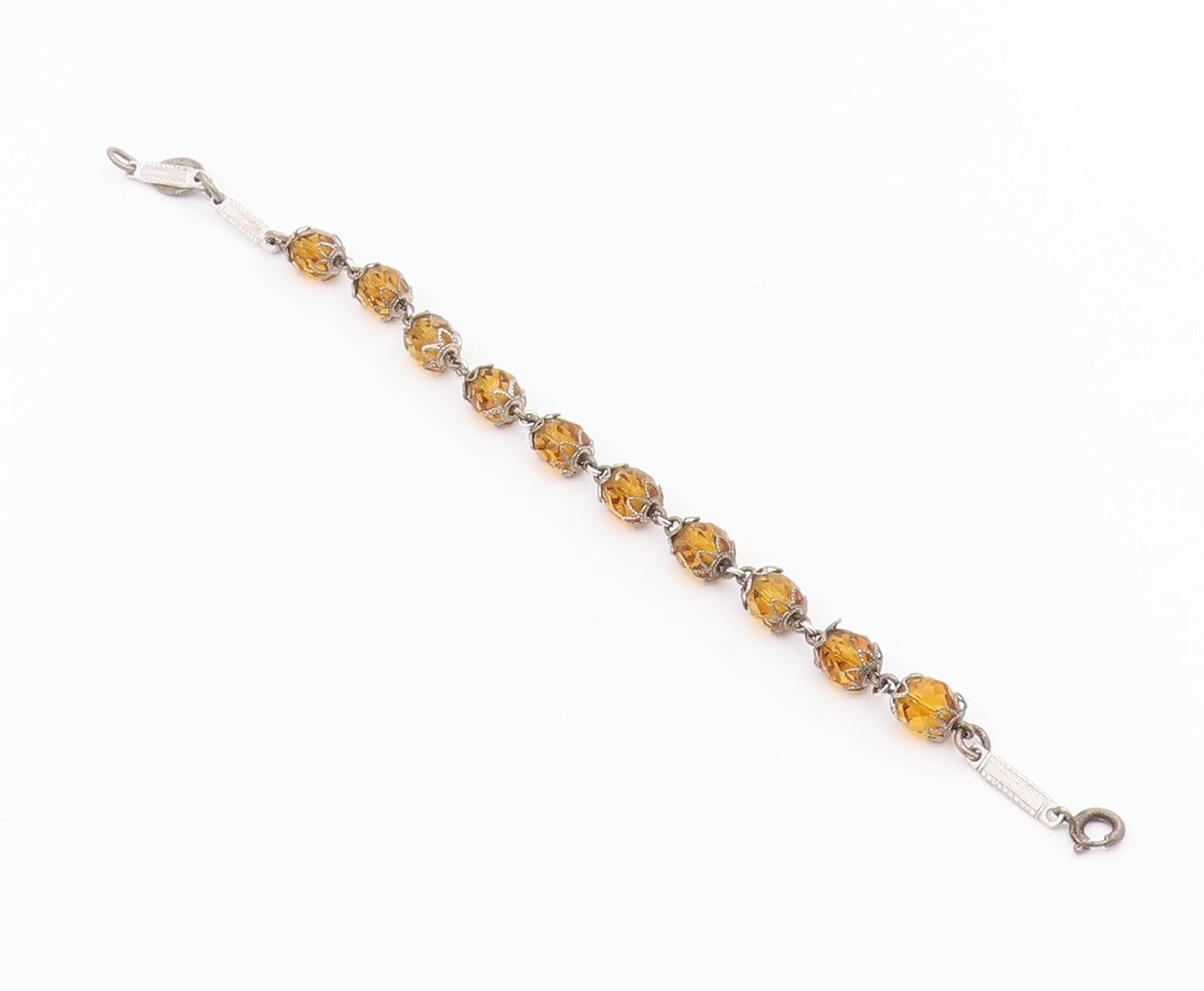 925 Sterling Silver  Vintage Faceted Citrine Beaded Chain Bracelet  BT8486