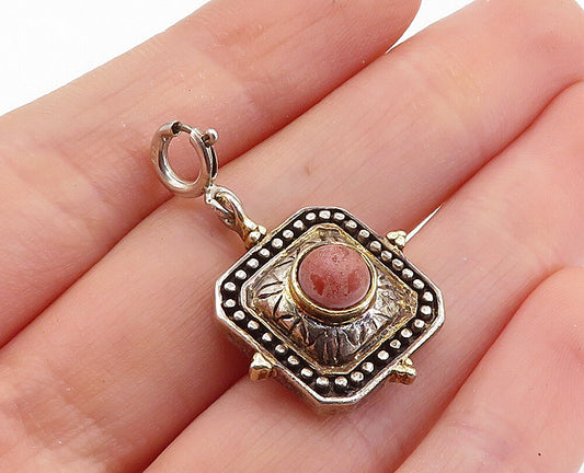 925 Sterling Silver Vintage Rhodochrosite Two Tone Cornered Pendant PT4101