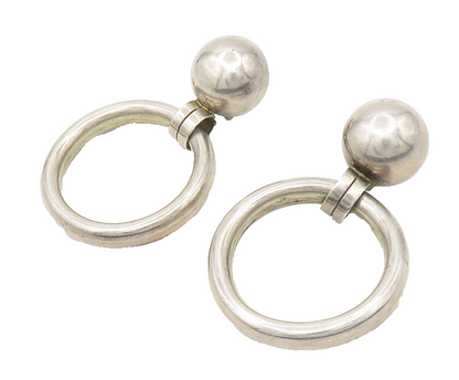 MEXICO 925 Silver  Vintage Shiny Open Circle Non Pierce Drop Earrings  EG9408