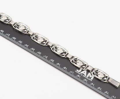 DANECRAFT 925 Silver  Vintage Swirly Carved Framed Leaf Link Bracelet  BT10149