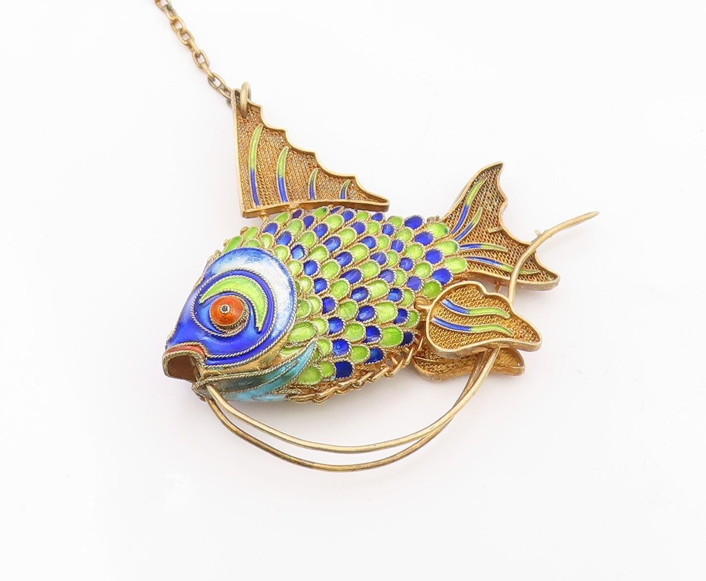925 Sterling Silver  Vintage Enamel Coated Fish Pendant (MOVES)   PT17590