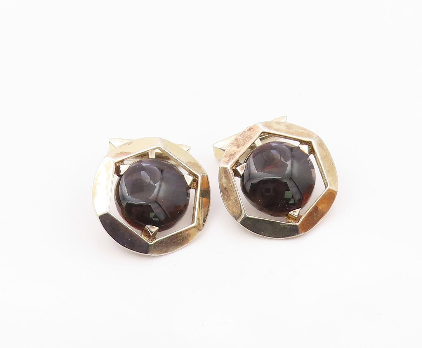 925 Sterling Silver  Vintage Brown Agate Shiny Hexagon Cuff Links  TR1827