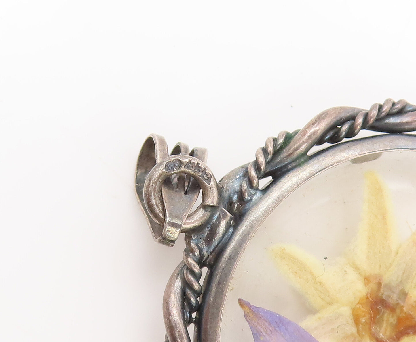 925 Sterling Silver Vintage Pendant EUROPE Antique Carved Dried Flowers  PT22494