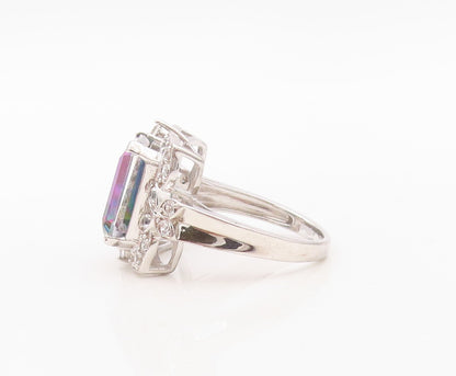 925 Sterling Silver Vintage Ring Mystic Topaz Floral Carved CZ  Sz 7.5  RG30232
