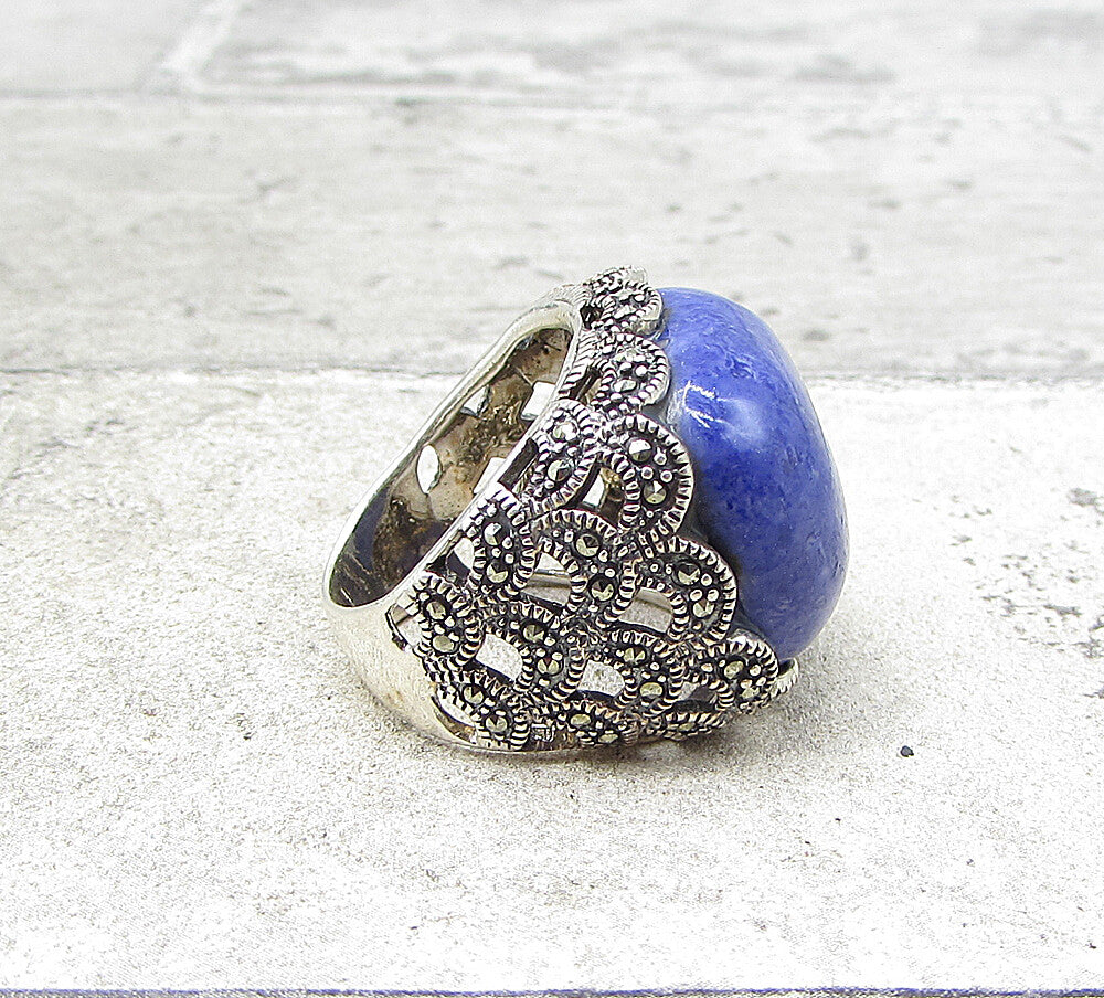 925 Sterling Silver  Sodalite & Marcasite Cocktail Ring Sz 5.5  RG1936