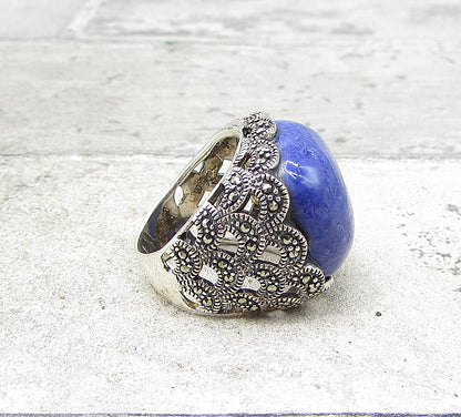 925 Sterling Silver  Sodalite & Marcasite Cocktail Ring Sz 5.5  RG1936