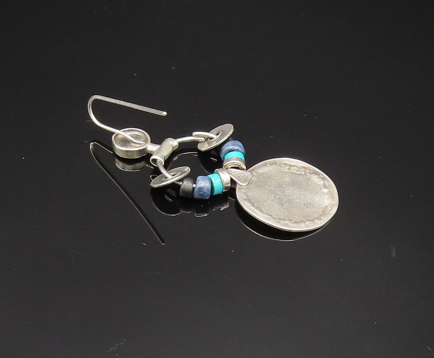 ISRAEL 925 Silver  Vintage Turquoise & Sodalite Beads Disc Earrings  EG11827