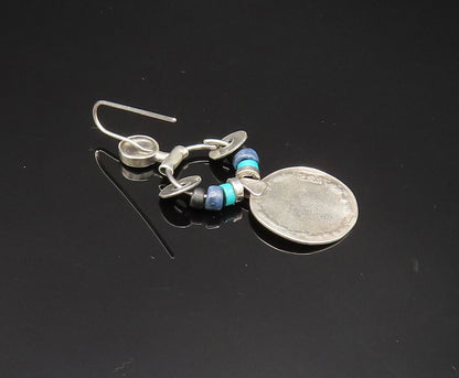 ISRAEL 925 Silver  Vintage Turquoise & Sodalite Beads Disc Earrings  EG11827
