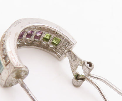 925 Sterling Silver Vintage Earrings Multi Gemstone Channel Set Hoops  EG13740
