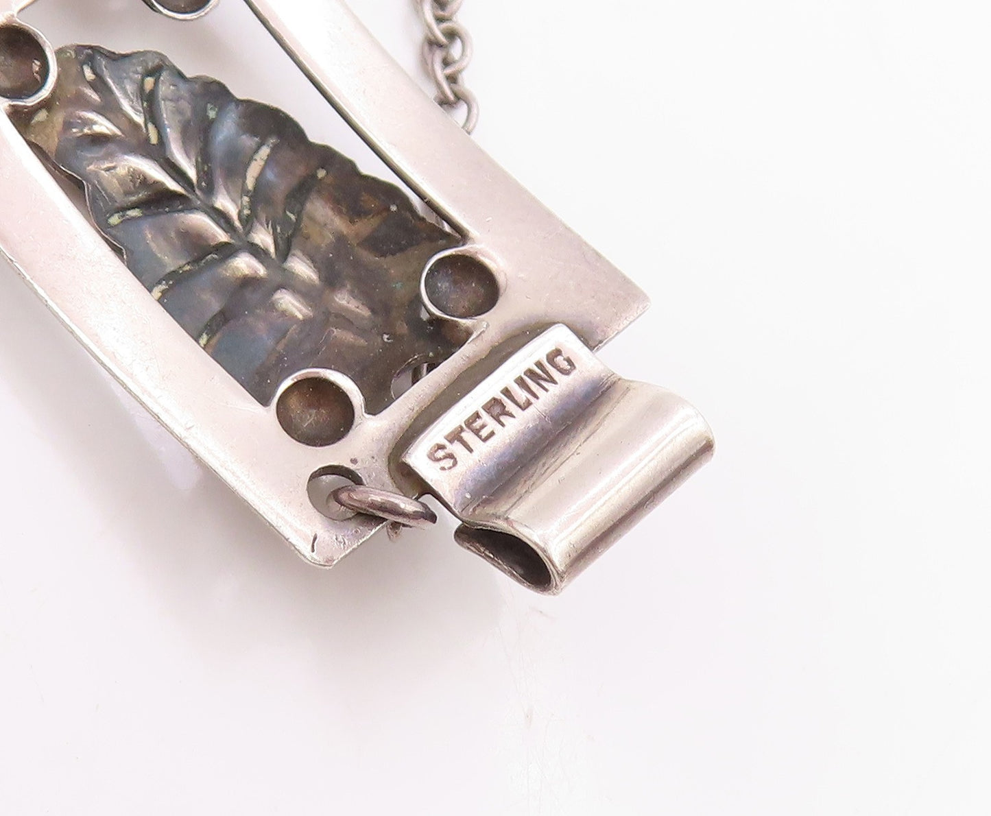 925 Sterling Silver Vintage Bracelet Carved Floral Leaf Panel Link Chain BT11479