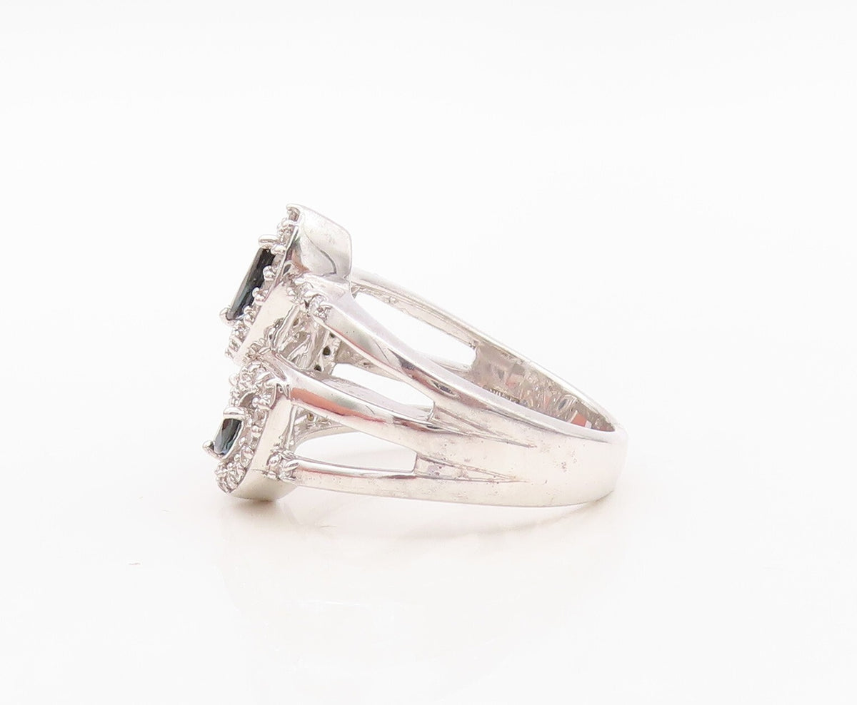 925 Sterling Silver Vintage Ring Modernist Floral Cut Sapphire & CZ Sz 7 RG30134
