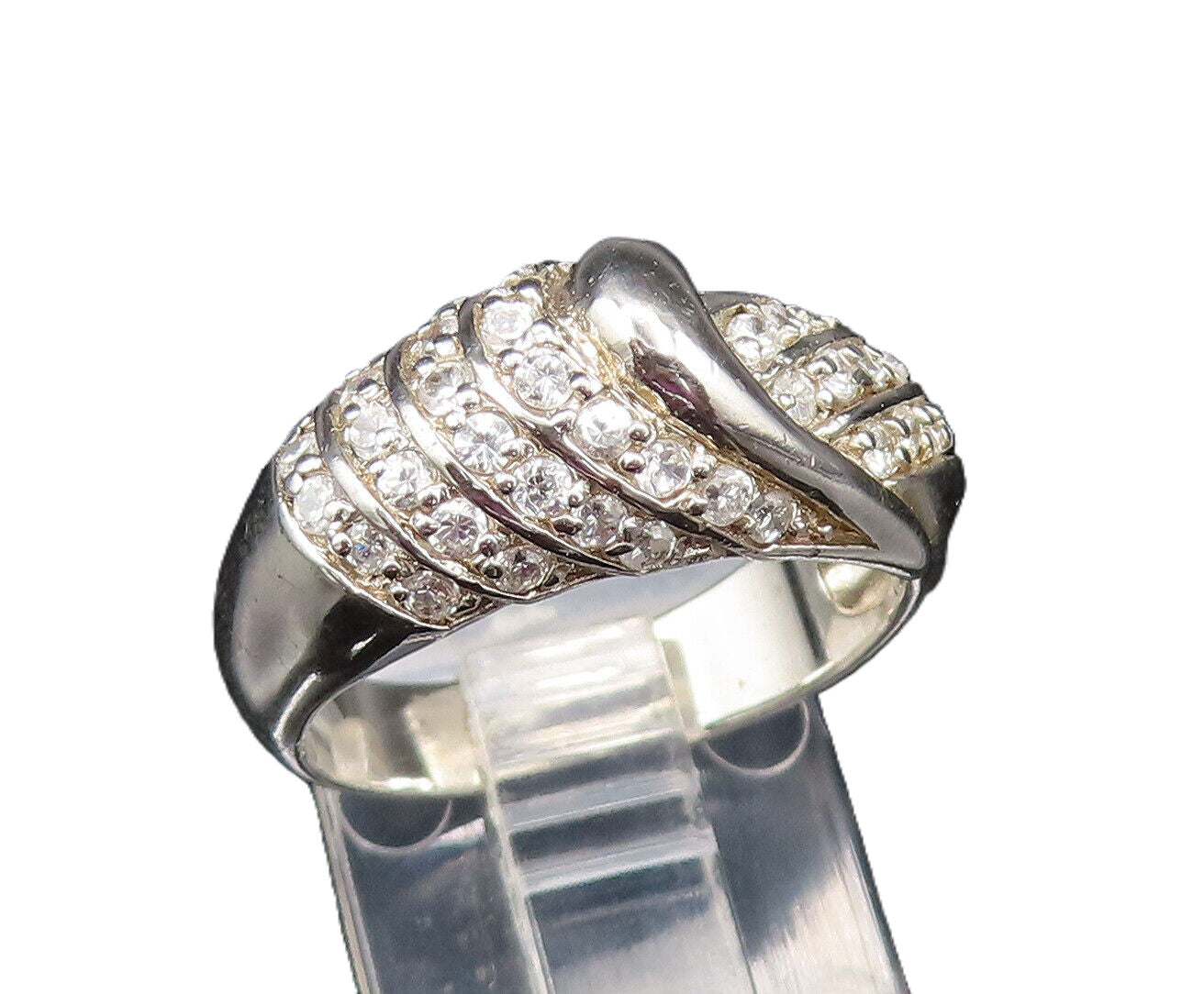 925 Sterling Silver  Vintage Sparkly Topaz Ribbed Dome Ring Sz 7.5  RG25500