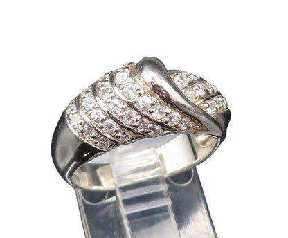 925 Sterling Silver  Vintage Sparkly Topaz Ribbed Dome Ring Sz 7.5  RG25500