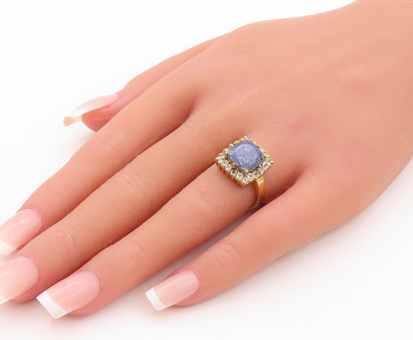 925 Sterling Silver Vintage Ring Gold Plated Gemstone Halo CZ  Sz 6  RG30191