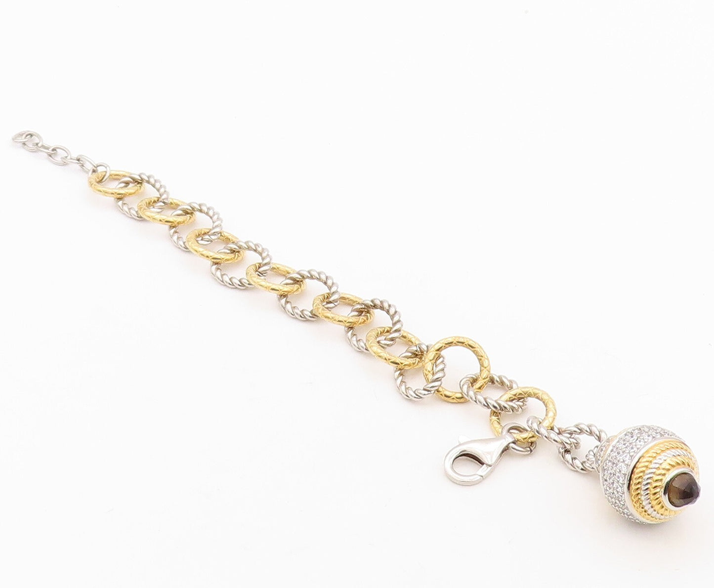 925 Sterling Silver Vintage Bracelet Gold Plated Smoky Quartz & CZ Ball  BT10839
