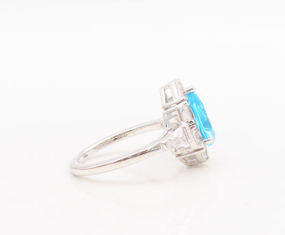 925 Sterling Silver Vintage Ring Drop Cut Blue Topaz Halo CZ  Sz 7  RG29649