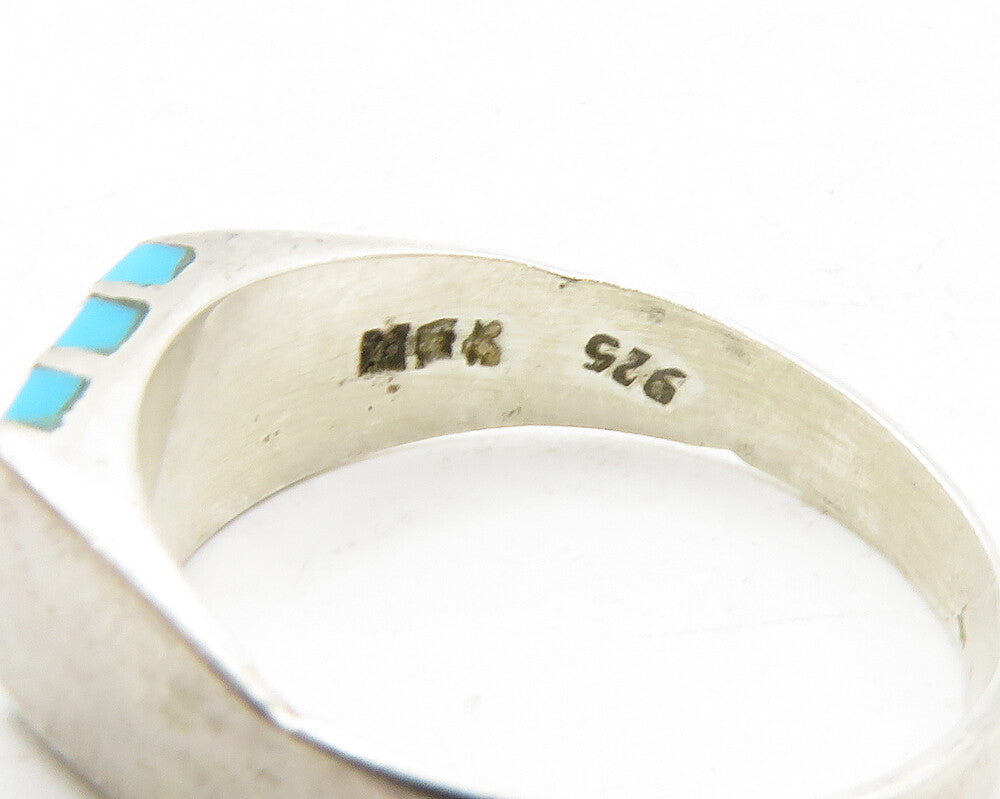 MEXICO 925 Silver  Vintage Inlaid Turquoise Striped Band Ring Sz 6   RG13003