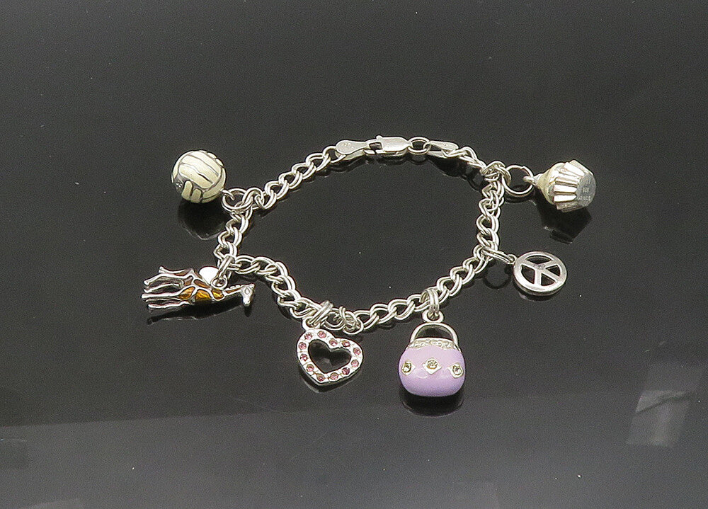925 Sterling Silver  Vintage Topaz & Enamel Charmed Chain Bracelet  BT8479